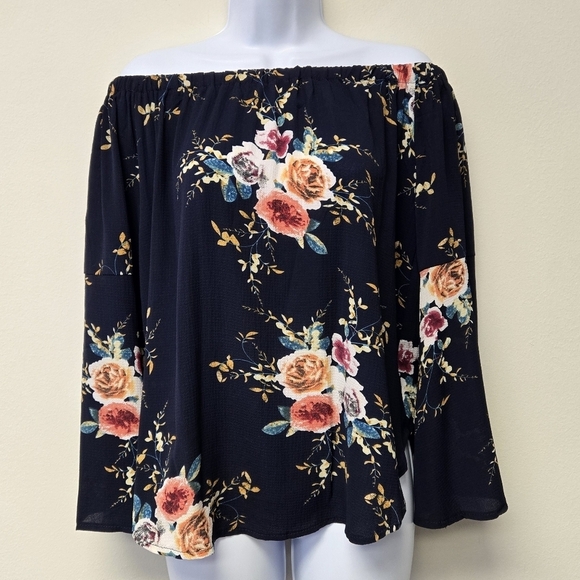 Floral Off the Shoulder Bell sleeve top Navy Blue XL - Picture 1 of 6
